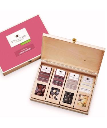 Wellnuss "Ladiesnight"- Premium gift set for women i 4 nut & chocolate snacks I gift idea for women girlfriend mother sister (4 snacks in the birch wood box best of chocolate) Best of Chocolate 4 snacks in the birch wood box