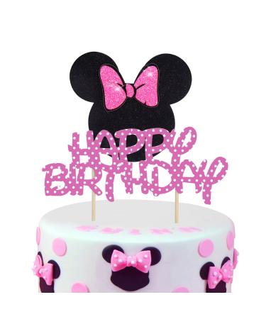 Mouse Cake Topper, Glitter Bow Mouse Happy Birthday Cake Toppers Cupcake Picks for Baby Shower Girl Birthday Party Cake Decorations Supplies