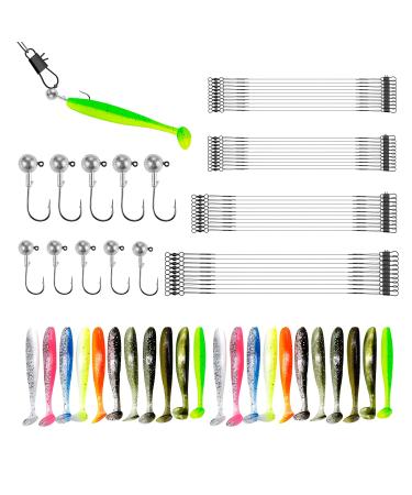 75PCs fishing accessories 40PCs steel leader pike 4 sizes steel leader with buckle and rotary shaft 22PCs rubber fish 10PCs jig heads fishing accessories for salt water and fresh water fish