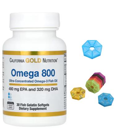 Omega 800 Ultra-Concentrated Omega-3 Fish Oil Compatible With California Gold Nutrition kd-pur Triglyceride Form 1 000 mg 30 Fish Gelatin Softgels + Bonus Pill Organizer Weekly Pill Organizer Mini