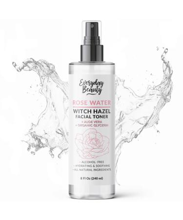 Rose Water Witch Hazel Hydrating Facial Toner with Aloe Vera - Alcohol Free & All Natural Ingredients - 8 Fl Oz