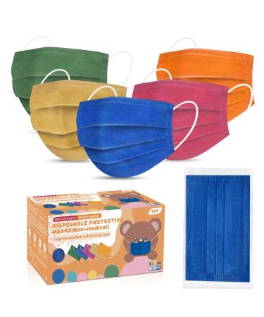 Kids Face Mask Individually Wrapped, Disposable Face Masks Multicolored for Boys and Girls, 3-ply, 5.7" x 3.7" Children's Size-for Childcare, School, Daily use (50PCS, 5 Colours) Dark-multicolor