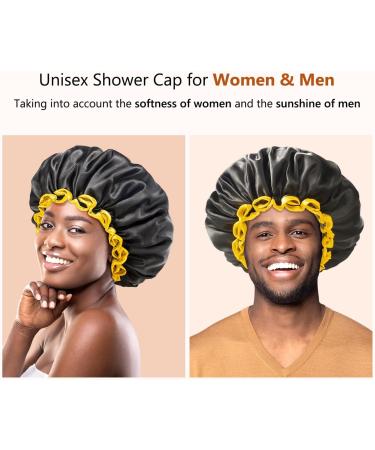 Mikimini XL Waterproof Double-Layer Shower Cap for Women & Men - Black+Yellow - Odorless & Colorfast - High-Quality & Washable - Long Hair Friendly (1 Pack) - Buy Online on SooperMarket.com