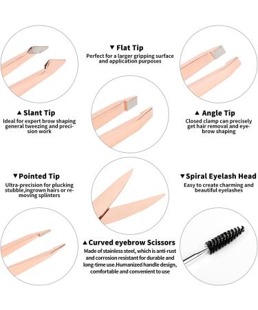 Precision Eyebrow Tweezers Set Pack of 6 - Rose Gold Tweezers Scissors Brush Kit for Women - Facial Hair Removal and Ingrown Hair - Includes Leather Case - Perfect Gift Item - Buy Online on SooperMarket.com
