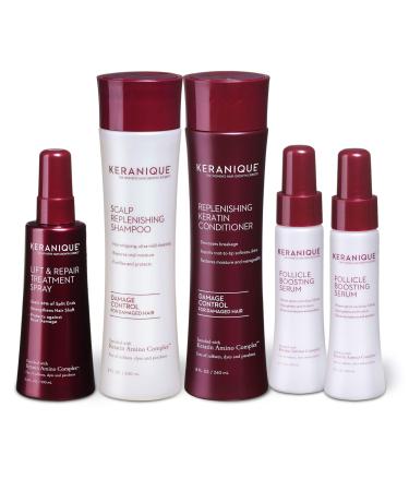 Keranique Damage Control Anti-Hair Loss Kit - includes Hair Growth Shampoo and Conditioner for Damaged Thinning Hair, Lift and Repair Spray, and Follicle Boosting Serum, 60 Days