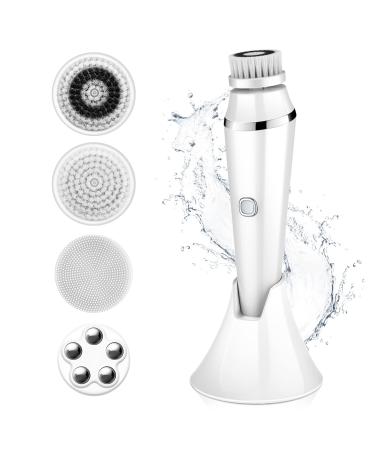 4 in 1 Facial Cleansing Brush - Electric Face Spin Brush with 4 Replacement Heads for Cleaning Exfoliating Massaging (White)