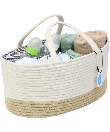 Casaphoria Large Baby Diaper Caddy Organizer - Nursery Storage Bin for Boys & Girls | Car Organizer - Cotton Rope Basket Portable Bag | Baby Shower Gift (White/Yellow 15.5 x10 x7) - Buy Online on SooperMarket.com