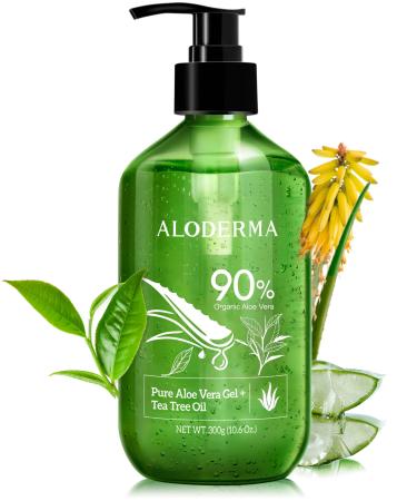 Aloderma Organic Aloe Vera Gel for Skin + Tea Tree Oil Made within 12 Hours of Harvest Soothing Pure Aloe Vera Gel for Face Works Great for Oily Skin Dry Scalp Aftershave Natural Aloe - 10.6 Oz