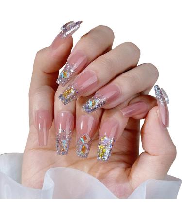 Glossy Fake Nails | Long Stick on Nails with Rhinestones | False Tips Artificial Finger Manicure for Women and Girls Kot-au - Buy Online on SooperMarket.com