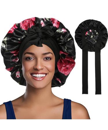 Welrog satin hair hood for women - double -sided satin silk hood to sleep sleeping hood hair protect hair hood for the night satin bonnet flower/black