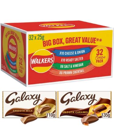 Walkers Crisps Big Box 32x25g Cheese and Onion/Ready Salted/Prawn Cocktail/Salt & Vinegar 32 Packs x 25g Crisp with 2 Galaxy Chocolate Bars