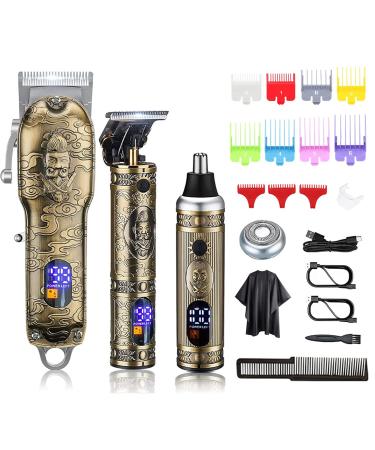 Suttik Hair Clippers for Men Beard Trimmer Nose Hair Trimmer Set of 3, Professional Cordless Barber Clippers for Hair Cutting Grooming Kit, Rechargeable, LCD Display, Father's Day Gift for Men Bronze