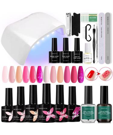 Morovan Gel Nail Polish Kit with UV Light 6PCS Nude Pink Gel Nail Polish Set with Gel Nail Polish Remover Base Top Coat For DIY Nail Art Manicure Nail Remover at Home Salon