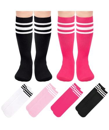 4 Pairs Kids Soccer Socks Toddler Soccer Socks Girls Boys Soccer Socks Toddler Knee High Socks Toddler Kids Tube Socks 3-6 Years Black/White, White/Black, Pink/White, Rose/White