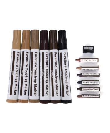 Furniture Repair Kit Wood Markers Touch Up Filler Floor Scratch Wax Sticks for Scratch Cracks Hole Discoloration Wooden Door Table Cabinet Desk 6 Markers+6 Sticks