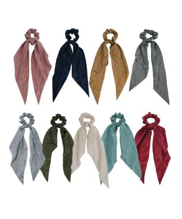 GETACOTA 9 Pieces Hair Scrunchies Bowknot Satin Chiffon Long Tail Elastics Ribbon Ear Bow Pattern Colors Scrunchy Scarf Scrunchie Vintage Ponytail Holder Ties Bands Accessories for Women(longtail9p)