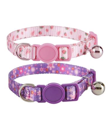 YUDOTE Cat Collars Pack of 2 Colorful Printed Basic Strong Girls Cat Collar Quick Release with Removeable Bell Pink Purple 19-28cm (Pakc of 2) Pink+Purple
