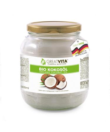 GreatVita Organic Coconut Oil virgin 1000 ml in a glass jar for cooking baking skin care hair care 1000 ml (1 jar)