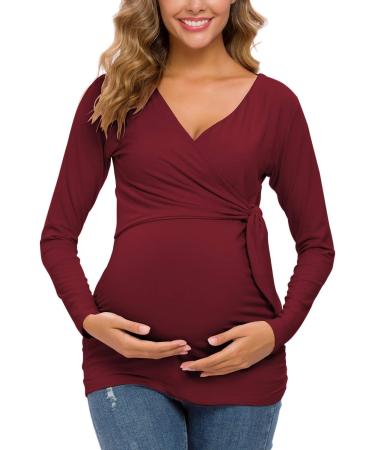 Love2Mi Maternity Nursing Top - Long Sleeve V-Neck Maternity Clothes in Wine Red - Buy Online on SooperMarket.com