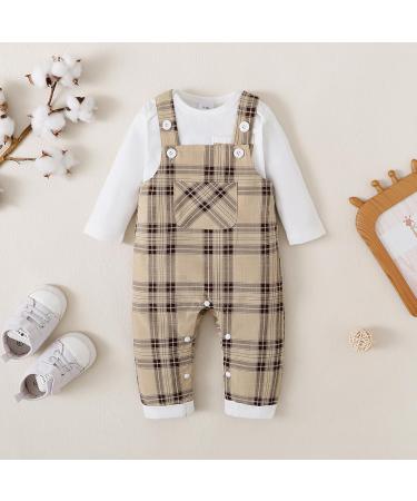 Puseky Baby Boy 3-6 Months Clothes Set | Long Sleeve Romper with Plaid Suspenders Overall Pants | Spring Fall Outfits in White - Buy Online on SooperMarket.com