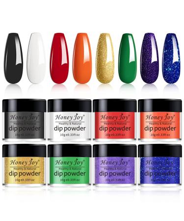 Honey Joy 8pcs/set Fine Dipping Powder Dip Kit Powder Nail Color System Orange Green Yellow Red Purple Dark Blue Like Gel Polish Effect Even & Smooth Finishing (Dip-8pcs-01)