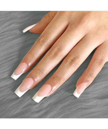 French Tip False Nails 24PCS | Medium Square Nude & White Fake Nails with Jelly Glue - Press on Nails for Women & Girls - Buy Online on SooperMarket.com
