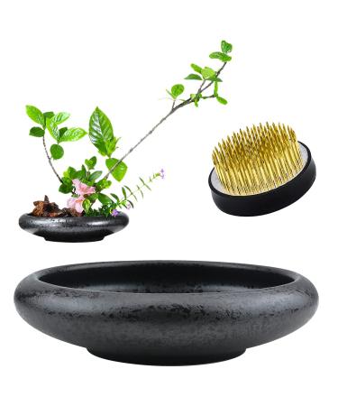 CRAFFANCY Flower Arrangement Supplies  Deep Round Ceramic Ikebana Flower Vase with 5cm Kenzan Flower Frog for Floral Arrangement Home Decoration  Black Spotted