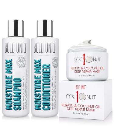 Bold Uniq Hair Mask with Coconut Oil and Keratin Protein and Moisturizing Shampoo & Conditioner Bundle - Intensive Moisturizing Repair for Dry-Damaged Hair - Adds Moisture and Shine. Sulfate-free