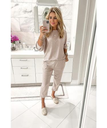 PRETTYGARDEN Women's Fall Fashion 2 Piece Sweatsuit Set | Solid Color Long Sleeve Pullover & Pants Tracksuit in Apricot - Size Medium - Buy Online on SooperMarket.com