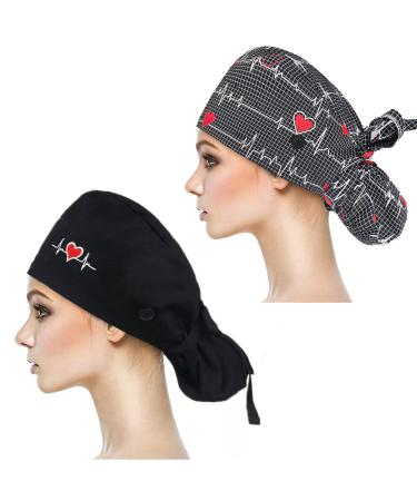 YUESUO 2 Pack Working Cap with Buttons and Sweatband Cotton Working Hats with Adjustable Ponytail Pack Ribbon Tie Back Hats for Women & Men Long Hair Head Covers Shower Caps (I9) Black One Size