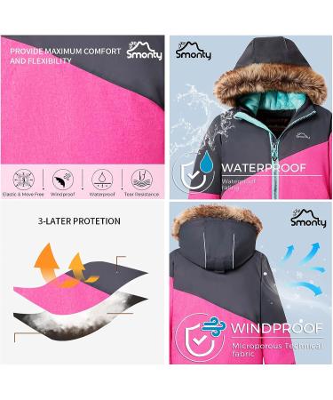 SMONTY Girls Winter Snow Suit Set - Gray/Pink 8 | Hooded Ski Jacket & Pants | Windproof, Waterproof & Warm - Buy Online on SooperMarket.com