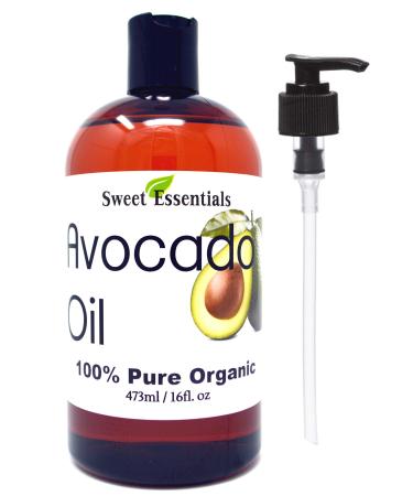 Sweet Essentials Premium Organic Avocado Oil 16oz with Pump Imported From Italy 100% Pure NON-GMO Cold Pressed Food Grade Golden in Color