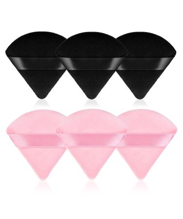WLLHYF 6 Pieces Triangle Powder Puff Face Makeup Sponge Wedge Shape With Strap Soft Velour Powders Puffs for Mineral Powder Cosmetic Loose Powder Body Powder Wet Dry Foundation Beauty Tool 3 Black+3 Dark Pink