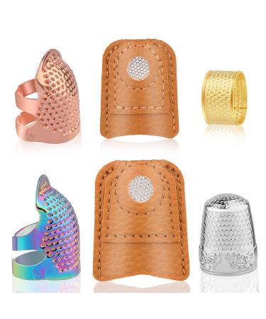 6 Piece Sewing Thimble Metal Thimble Rings Adjustable Metal Finger Shield Ring and Leather Coin Finger Protectors  Sewing Thimble Cap for Sewing Embroidery Needlework Accessories