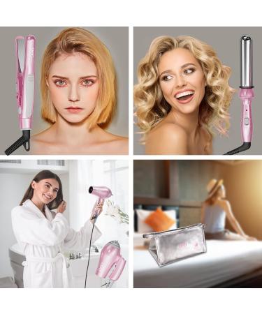 DAN Technology Hair Styling Set - Travel Hair Dryer Mini Flat Iron Curling Iron European Plug Dual Voltage - Portable & Stylish in Pink - Buy Online on SooperMarket.com