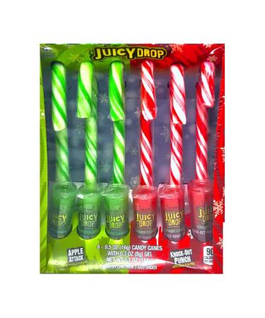 Bazooka (1) Box Juicy Drop Candy Canes with Gel Candy - Apple Attack & Knock-Out Punch Flavored - 6 Individually Wrapped - Net Wt. 5.1 oz