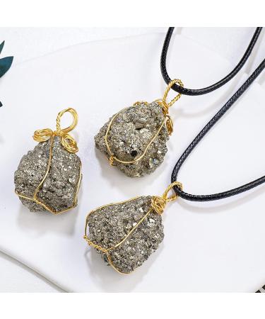Pyrite Crystal Pendant - Natural Gold Wire Wrapped Raw Pyrite Necklace for Men Handmade Healing Gemstone Pendant Necklace with Black Macrame Cord Frifer - Buy Online on SooperMarket.com