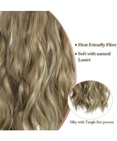 Invisible Wire Hair Extension Clip - Natural Wavy Synthetic Hair, Adjustable Size, 2 Secure Clips, Long Curly Secret Hair Piece - 20 inch Bright Bronde Highlights - Buy Online on SooperMarket.com