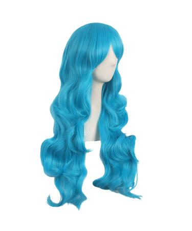 MapofBeauty 28 Cyan Blue Long Curly Wig with Side Part Bangs | Charming Full Hair for Women - International Shipping Available - Buy Online on SooperMarket.com