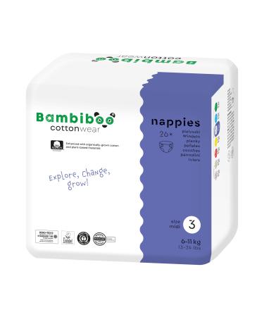 Bambibo Baby diapers 3 MIDI (6-11 kg) Cottonwear Baby Wegwerfwindeln with organic cotton and plant substances with moisture indicator-26 pieces.Diapers size 3 26 pieces
