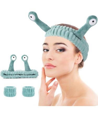 WLLHYF Spa Headband Face Wash Wristband Set Makeup Head Band Snail Coral Fleece Hair Band Skincare Hairband Elastic Creative Cartoon Head Wraps Cute Hair Accessories for Women Girls (Green) - Buy Online on SooperMarket.com