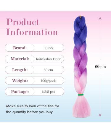 Tess Braids Blue 60 cm Extensions - 5 Pack Jumbo Kanekalon Ombre Hair Braids (Blue/Purple/Pink) for Box Braids - 100g per Bundle - Buy Online on SooperMarket.com
