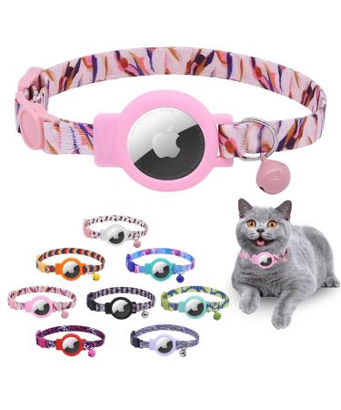 Mouyou Airtag cat neck band Airtag collar cat with bell safety clasp soft nylon cat neck band with silicone Airtag holder case adjustable from 22-34cm pink with pattern C4
