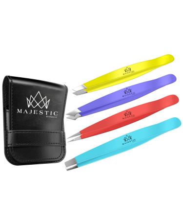 Fine Point + Slant Tweezers for Women and Men, Splinter, Facial, Chin Hair, Brow and Ingrown Hair Removal Set – Sharp, Needle Nose, Stainless Steel, Surgical Precision Pluckers(4pc) Majestic Bombay Multi Color