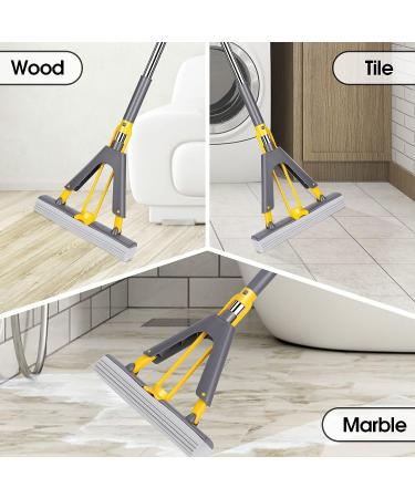 Kphico PVA Sponge Mop with 3 Heads | Extendable Handle | Self-Wringing | for Hardwood, Laminate, Tile, Marble, Ceramic Floors | A-Gray+Yellow - Buy Online on SooperMarket.com
