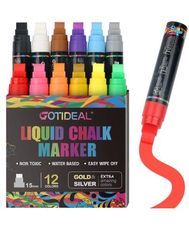 GOTIDEAL 12 Colors Jumbo Window Markers Bold Car Markers Chalkboard Markers for Kids Restaurant Blackboard Glass Bistro Car Paint Wet Erasable 3 in 1 Nib 2 Metallic Colors Inlcuded 15mm 12 Colors 12 Count (Pack of 1)