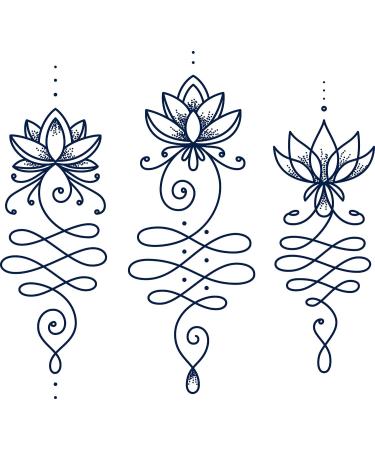 Lasting 1-2 Weeks Lines Juice Ink Temporary Tattoo Semi Permanent for Adults Woman Unalome Lotus Flower Symbol Life Spiritual Sacred Navy Blue that Look Real Men Women Chest Neck Arm (4 Sheets) Juice Blue Gray
