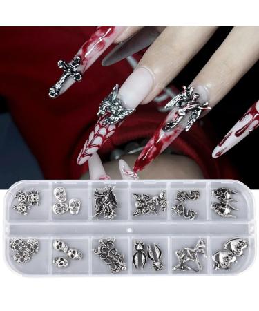 RUNRAYAY 28pcs 3D Halloween Nail Charms Cross Chrome Metal Nail Art Charm Vintage Gothic Retro Punk Skulls Mixed for Manicure Craft DIY Nail Art Decoration Accessories with a Box