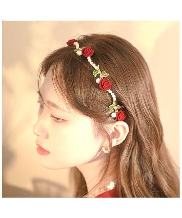 Pearl Rose Flower Headband 1920s French Vintage Camellia Hair Hoop 1920s Leaf hair Band Headpiece Accessories for Women Girls (Red)