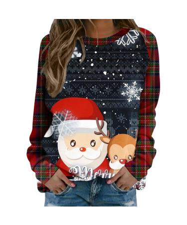 Women's Christmas Sweatshirts Cute Snowman Penguin Print O-Neck Raglan Top Shirt Pullover Comfy Warm Xmas Jumper Winter Long Sleeve Tops Loose Tunic Top Sweaters Navy XL